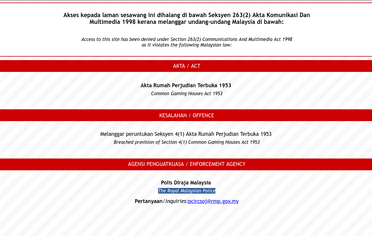 Laws cited for Internet Censorship in Malaysia
